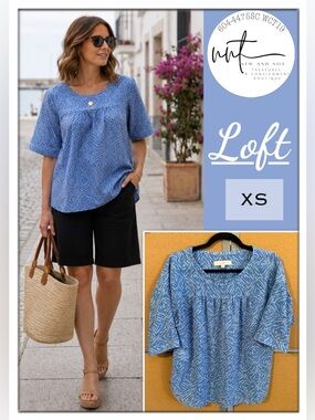 LOFT Blue Abstract Print Semi Sheer Blouse Top XS Boho Summer Lightweight